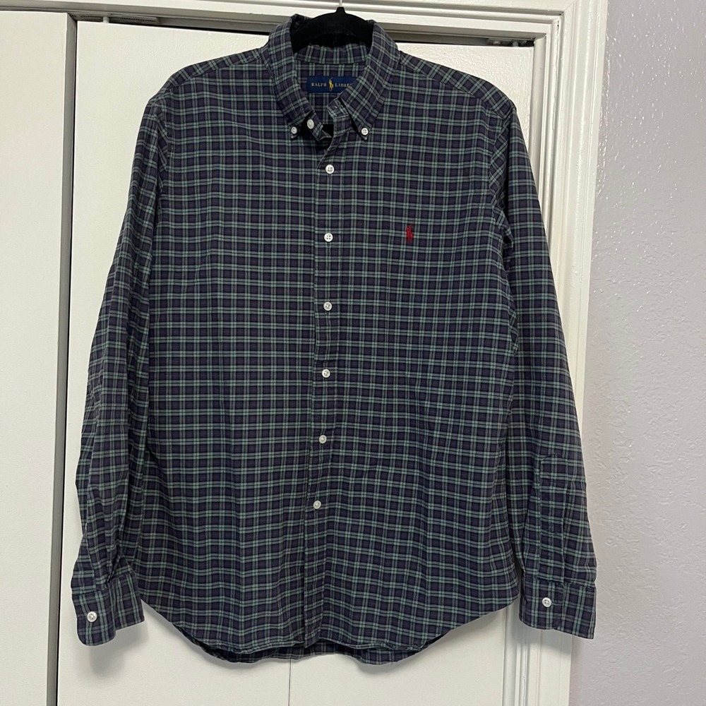 Ralph Lauren Mens Large Plaid Button Down Shirt Navy Green Red Long Sleeve Pony